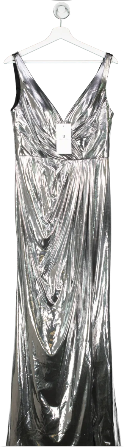 Forever Unique Metallic Limited Edition Silver Maxi Dress With Gathered Waist And Split UK 12