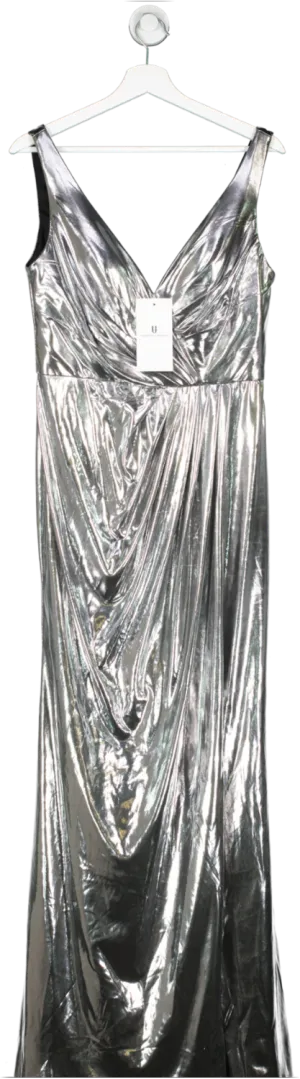 Forever Unique Metallic Limited Edition Silver Maxi Dress With Gathered Waist And Split UK 12